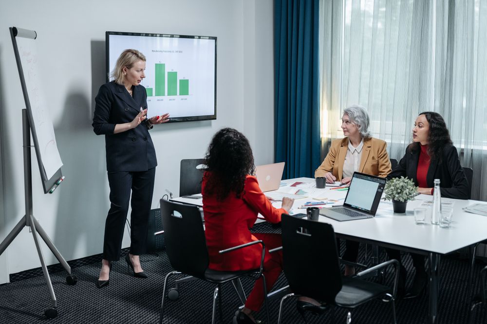 Business-Meeting: Frau präsentiert Charts und Kennzahlen vor dem C-Level